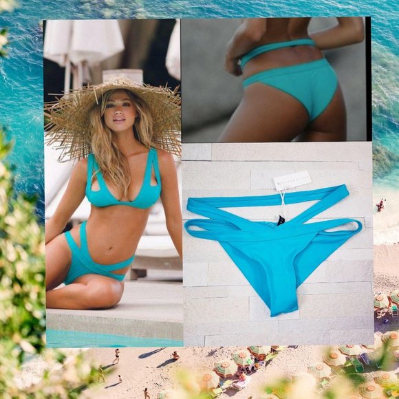 Anthropologie Swimsuit Size Large Bikini Bottom Swim Stretch Cheeky Blue Cut Out - Picture 1 of 11